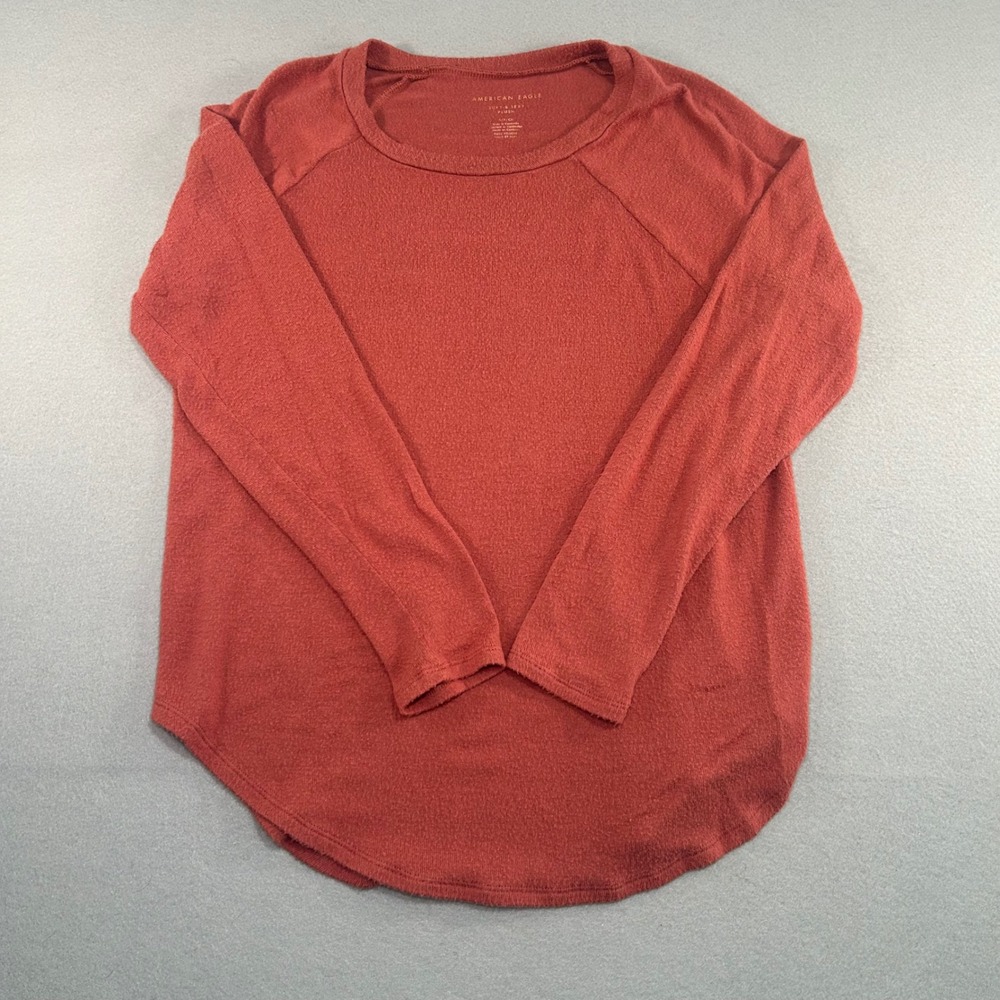 American Eagle Soft & Sexy Plush Top Womens Small Rust Orange Raglan Curved Hem